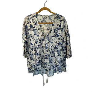 UMGEE USA Women's White & Blue Long Sleeve V-Neck Floral Tunic Top Size M